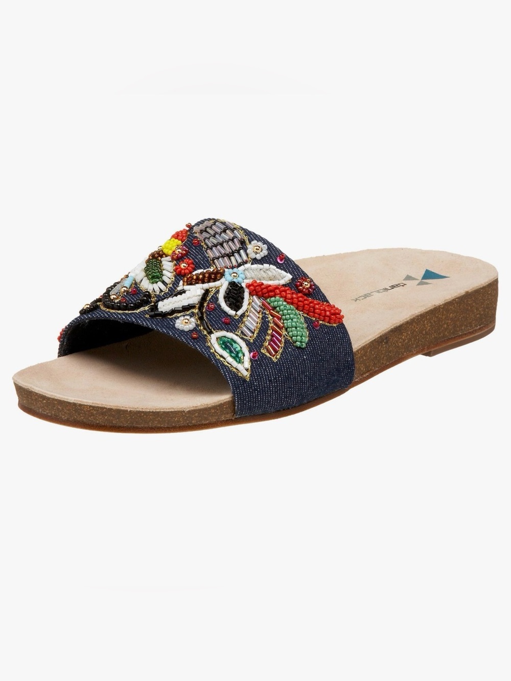 DANIBLACK Beaded Vacation Resortwear Denim Slide Sandal - Multicolor 9 - Picture 1 of 8